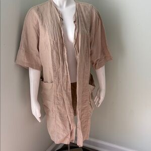 Linenfox Oversized Linen Jacket Coat Fall Spring Tan Cream Open Front Cardigan